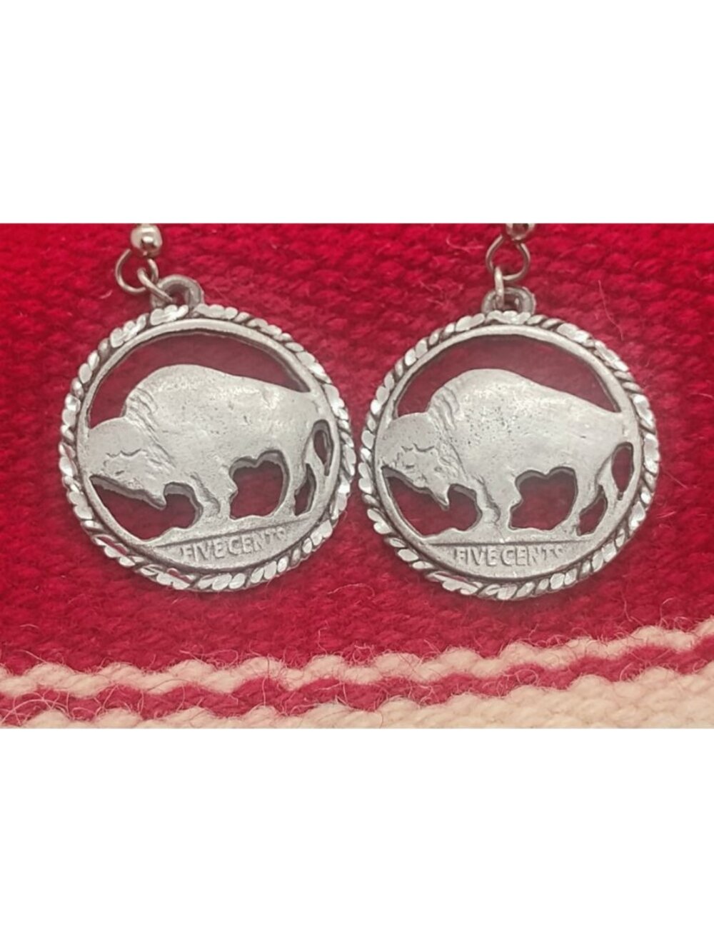 Vtg EJC 97 Pewter Buffalo Nickel Five Cents Coin Dangle Earrings Cutout Silver - Picture 4 of 6
